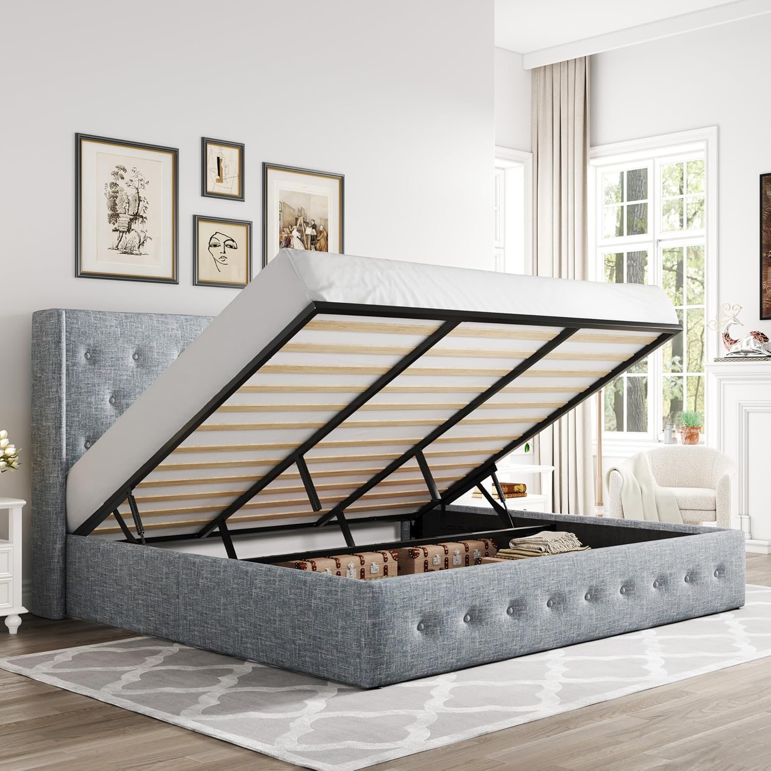 ALLEWIE Queen Size Lift Up Storage Bed with Wingback Headboard
