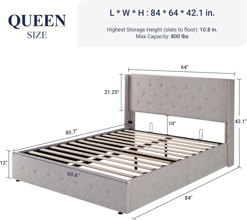 ALLEWIE Queen Size Lift Up Storage Bed with Wingback Headboard