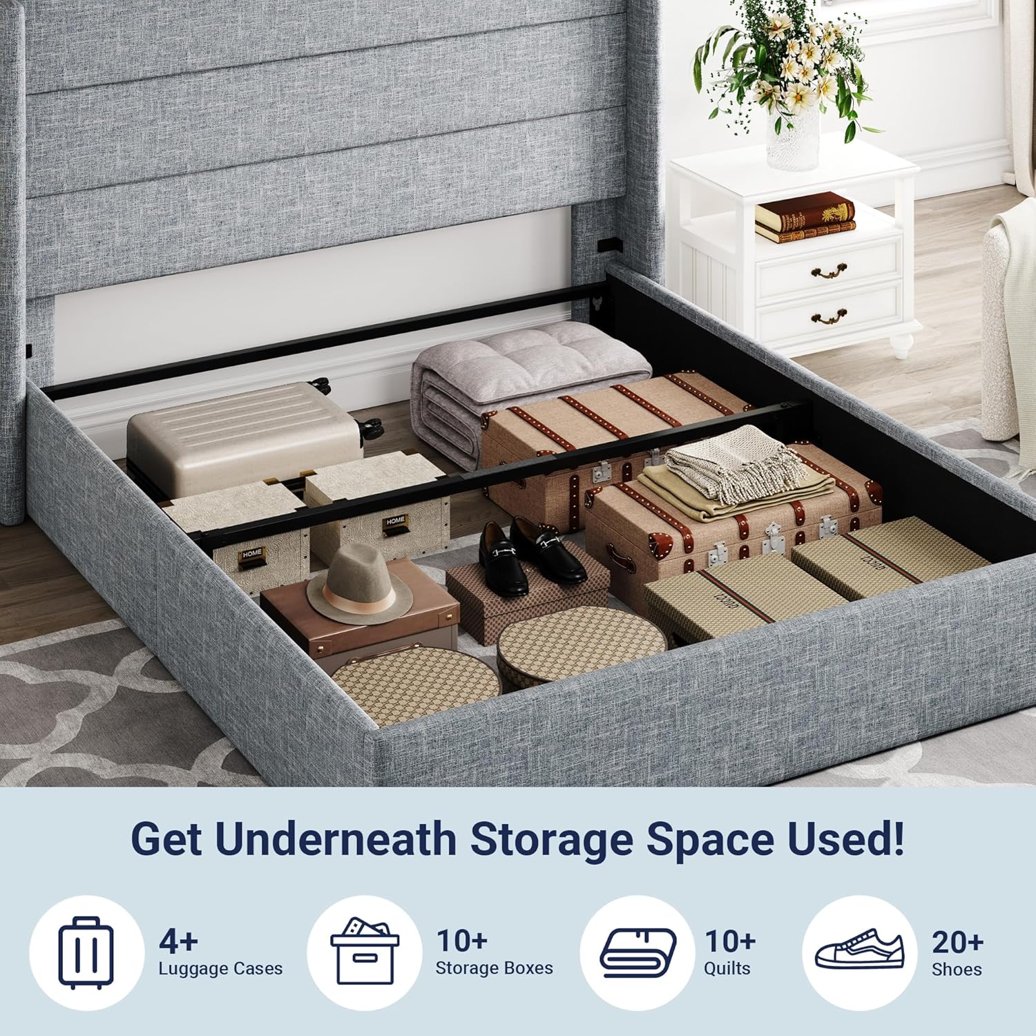 ALLEWIE Queen Size Lift Up Storage Bed with Wingback Headboard