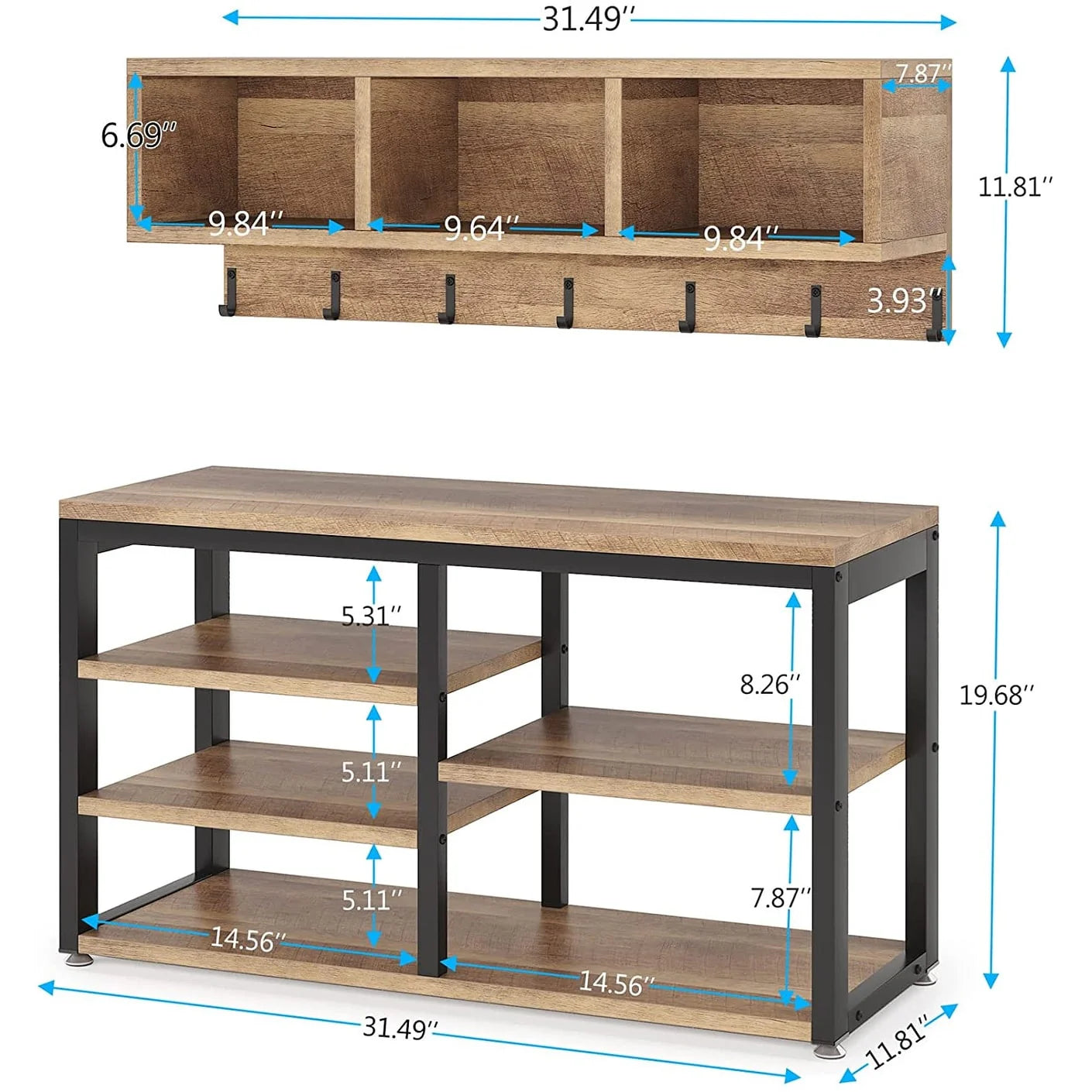 Entryway Coat Rack Shoe Bench Set, Industrial Hall Tree Coat Shoe Rack