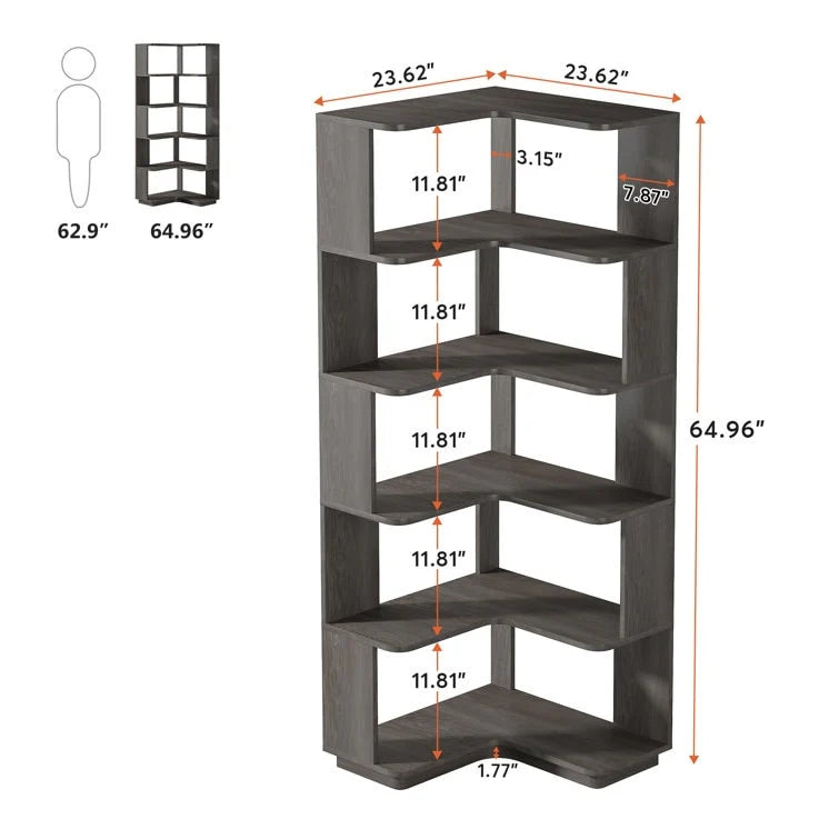 6-Tier Corner Book Shelf, 64.9Tall Freestanding Wood Industrial Bookcase Bookshelf