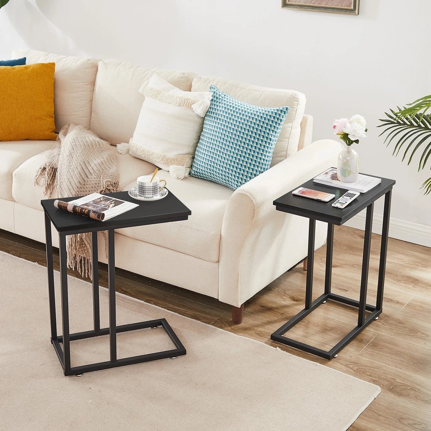 Javlergo Set of 2 C-Shaped Sofa Side Table, Small End Table for Living Room, Narrow Bedside/TV Tray Table