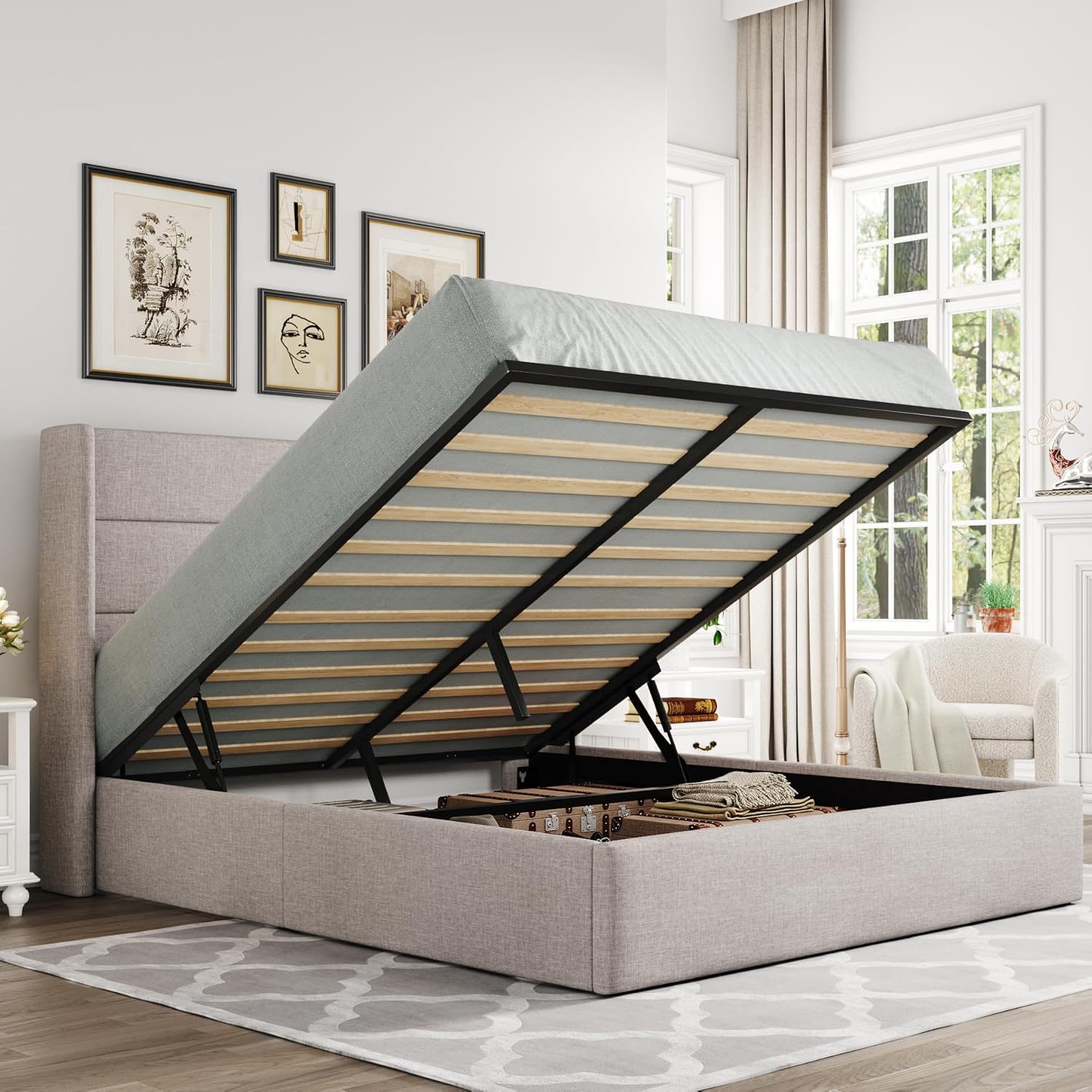 ALLEWIE Queen Size Lift Up Storage Bed with Wingback Headboard