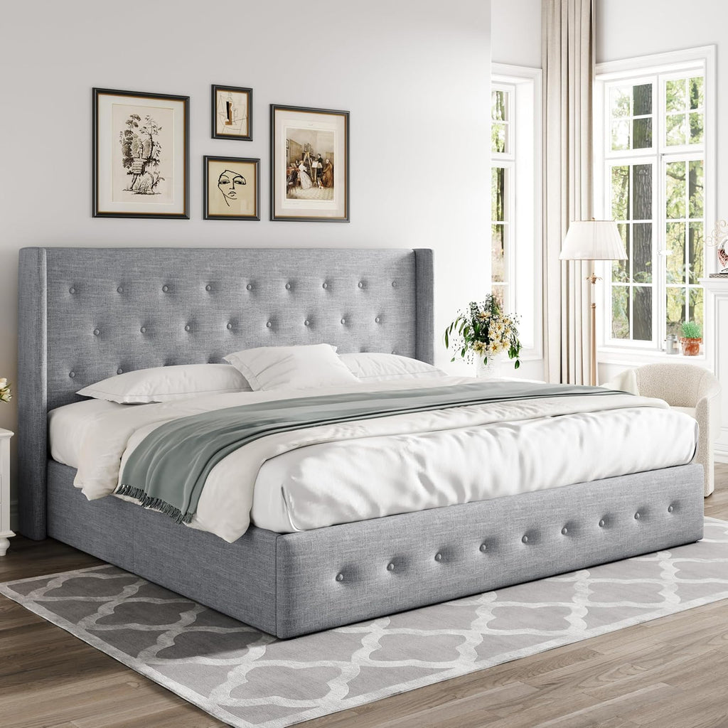 ALLEWIE Queen Size Lift Up Storage Bed with Wingback Headboard