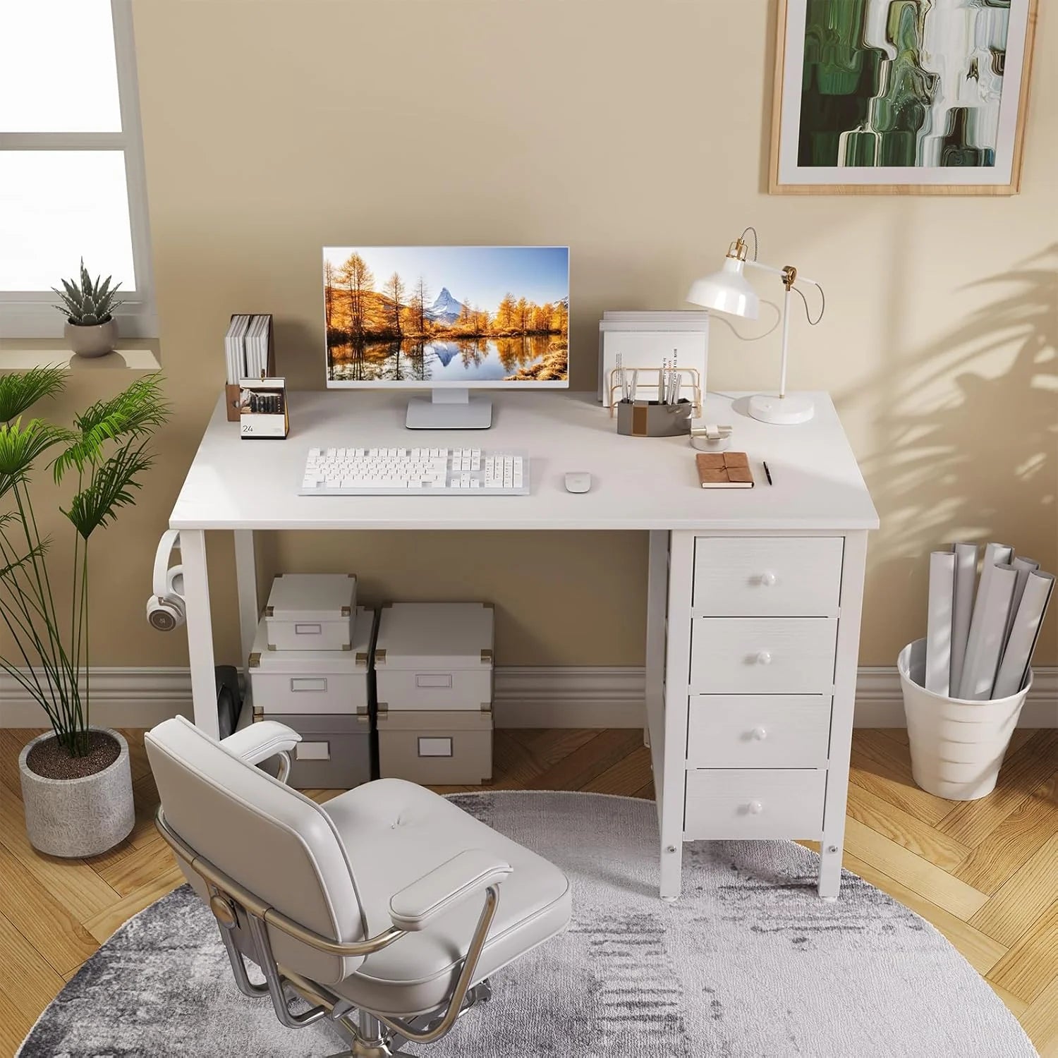 Lufeiya 40 Inch Small White Desk with Fabric Drawers