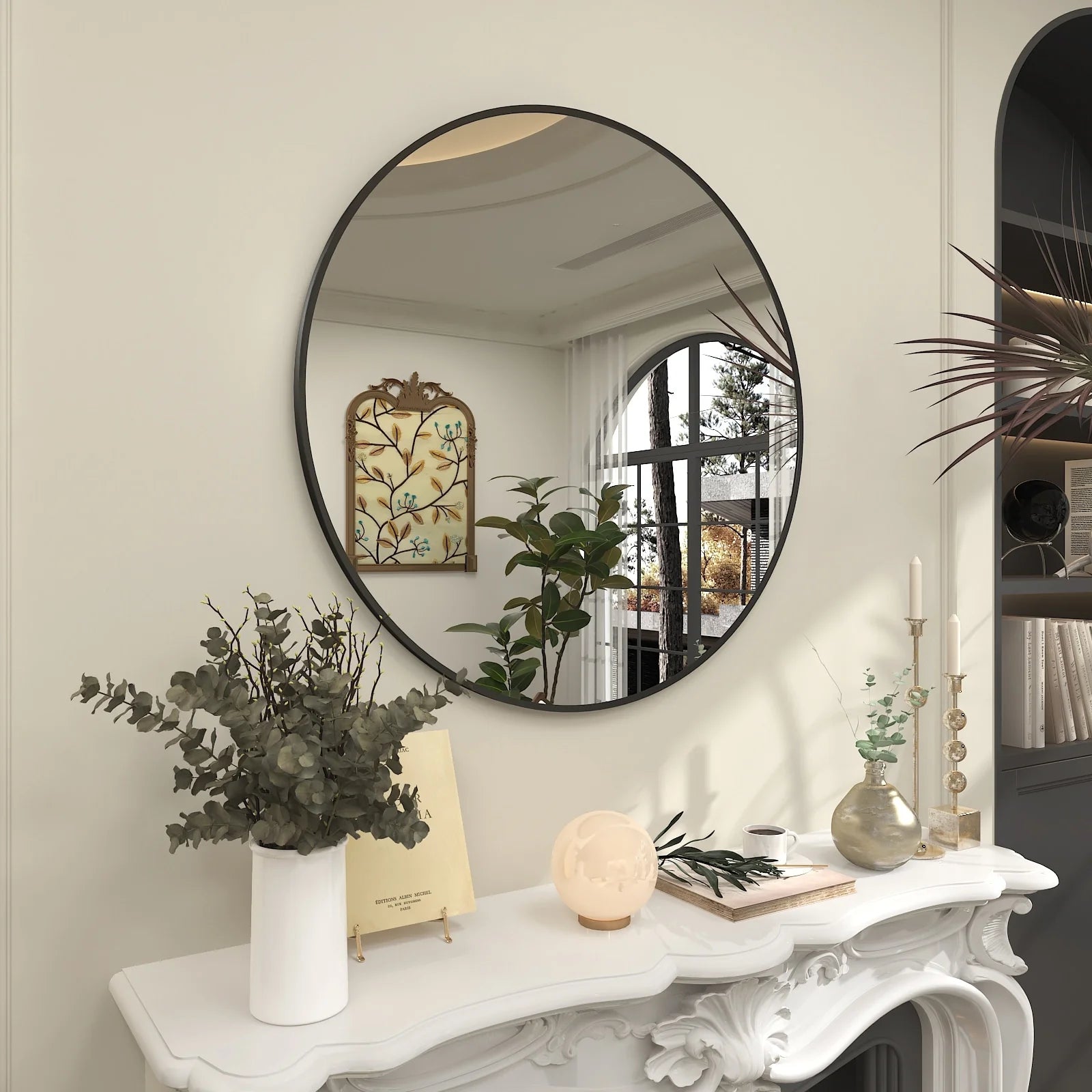 Apmir Round Metal Black Frame Bathroom Vanity Mirror Wall-mounted mirror