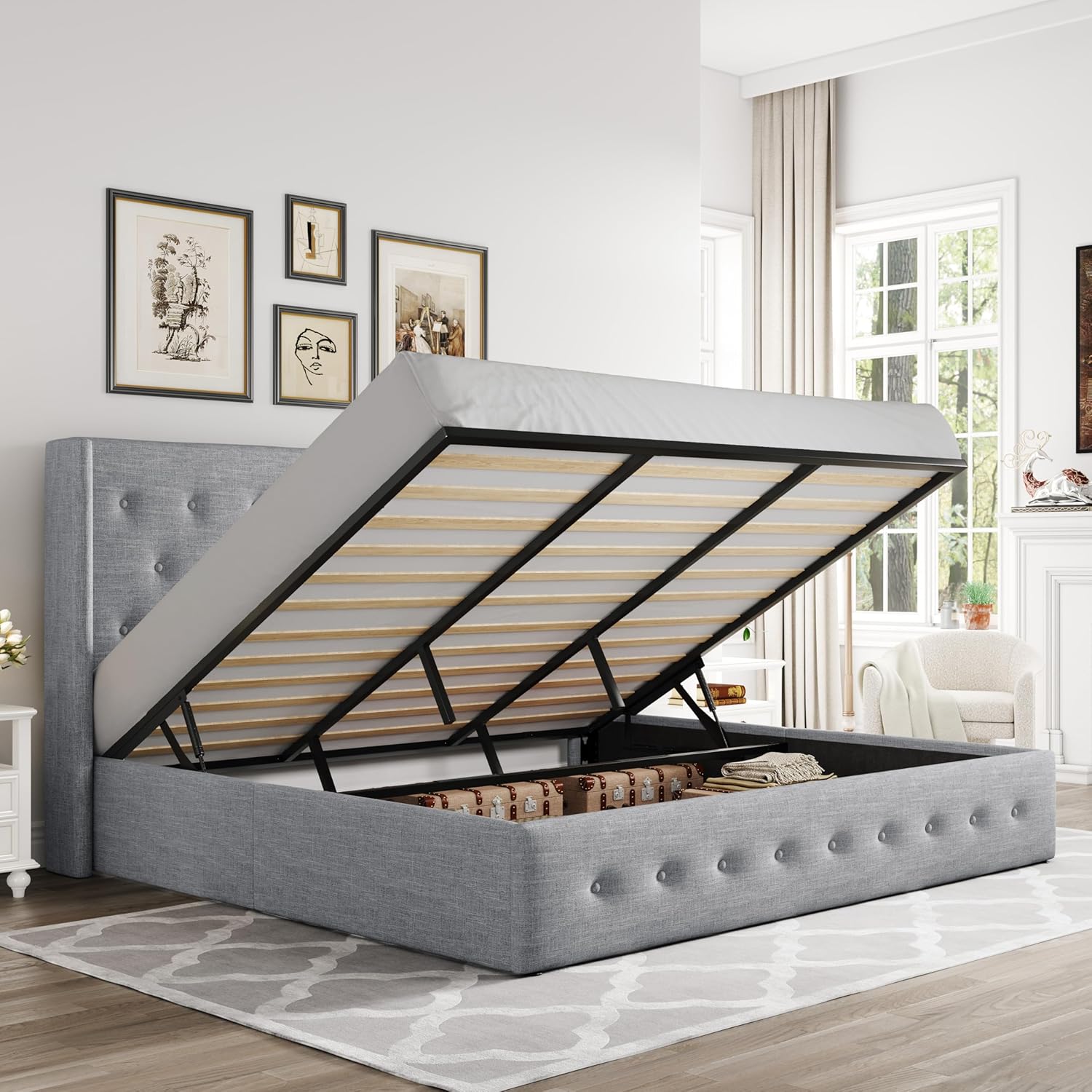 ALLEWIE Queen Size Lift Up Storage Bed with Wingback Headboard