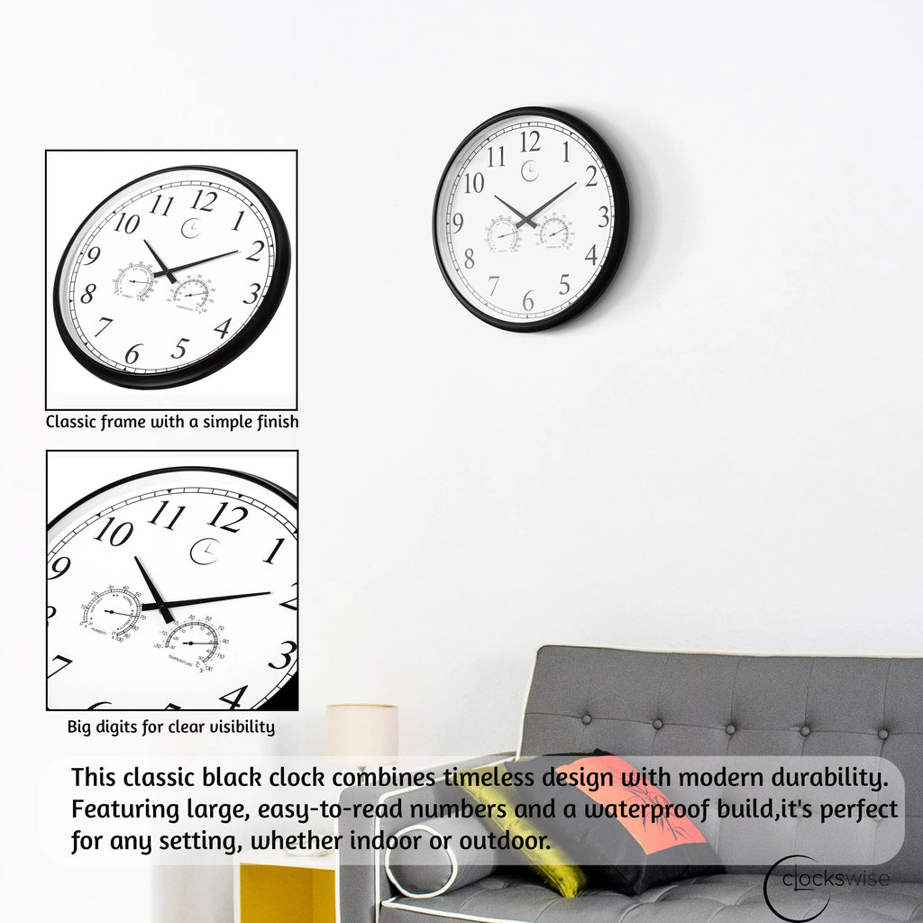 Large Outdoor Wall Clock Thermometer Combo, Waterproof Silent Garden Weather Station Home Indoor Patio Pool Black