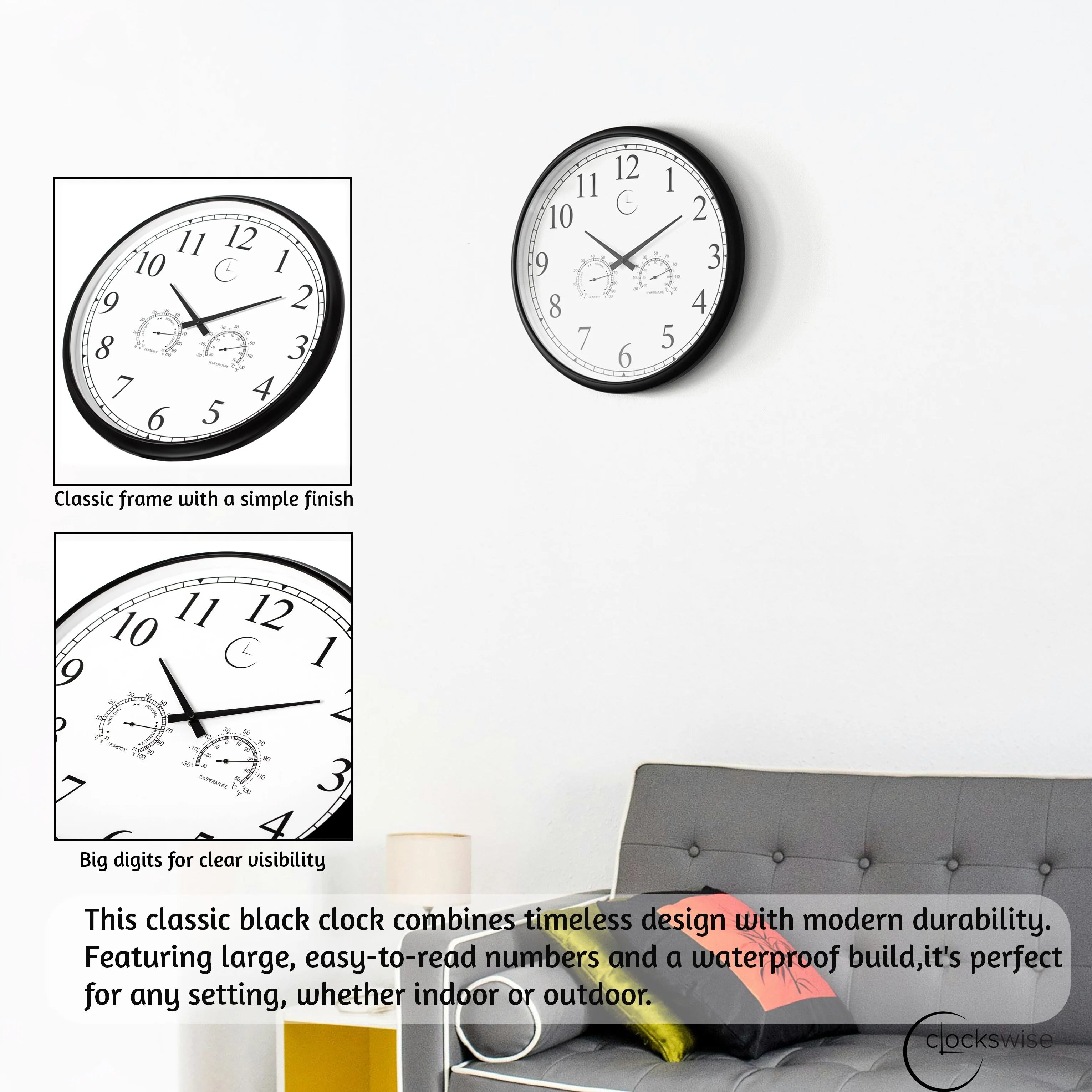 Large Outdoor Wall Clock Thermometer Combo, Waterproof Silent Garden Weather Station Home Indoor Patio Pool Black