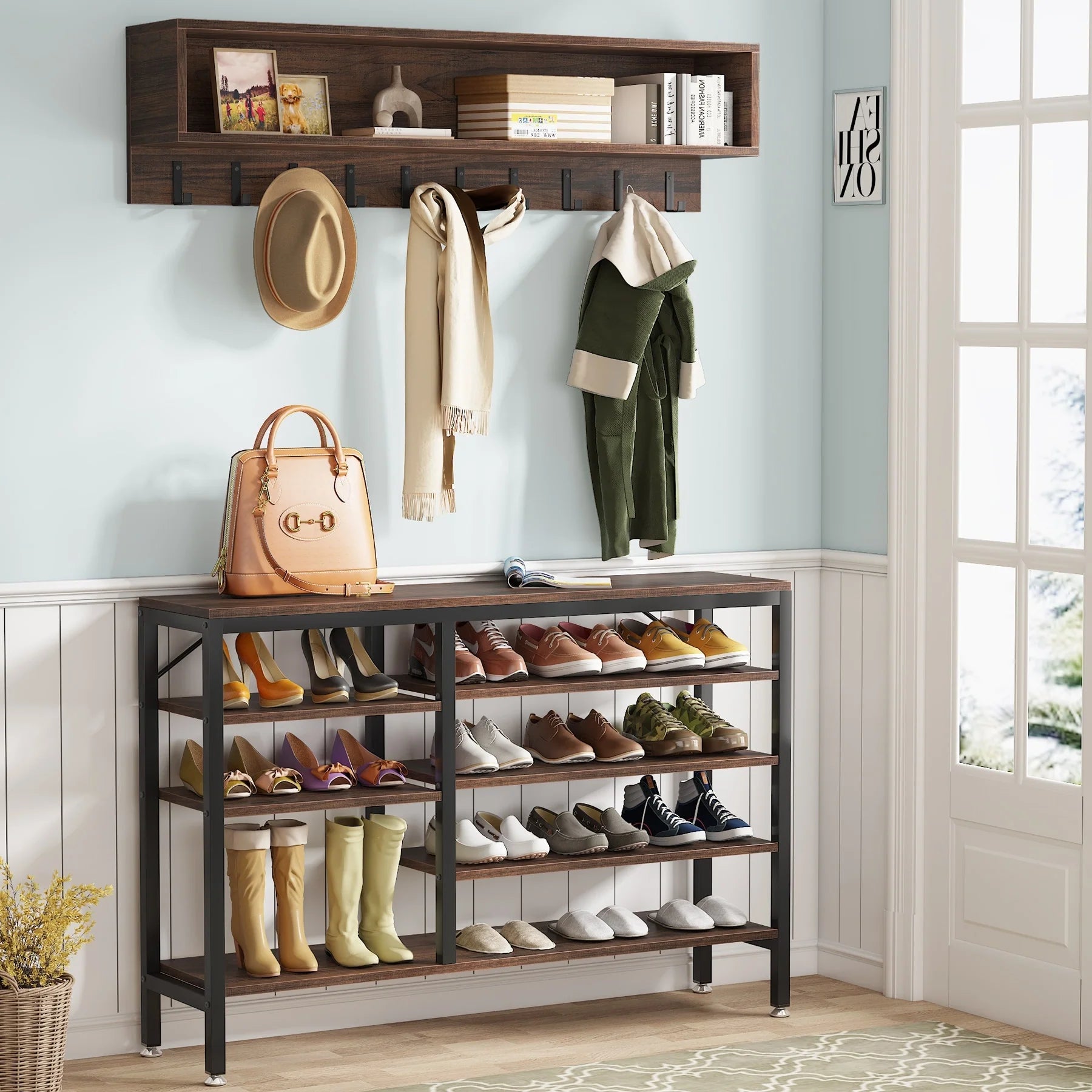 Entryway Coat Rack Shoe Bench Set, Industrial Hall Tree Coat Shoe Rack