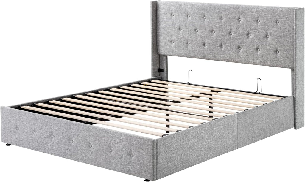 ALLEWIE Queen Size Lift Up Storage Bed with Wingback Headboard