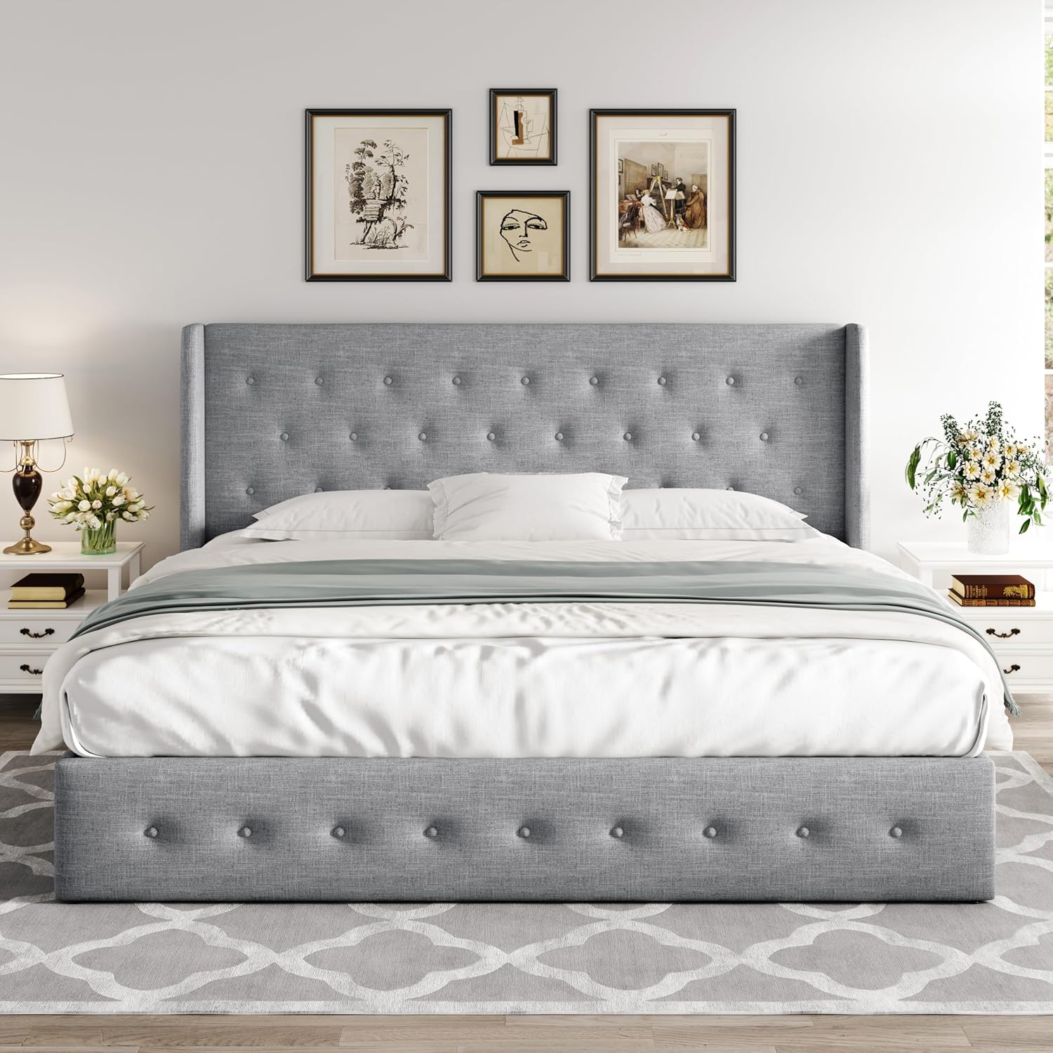 ALLEWIE Queen Size Lift Up Storage Bed with Wingback Headboard