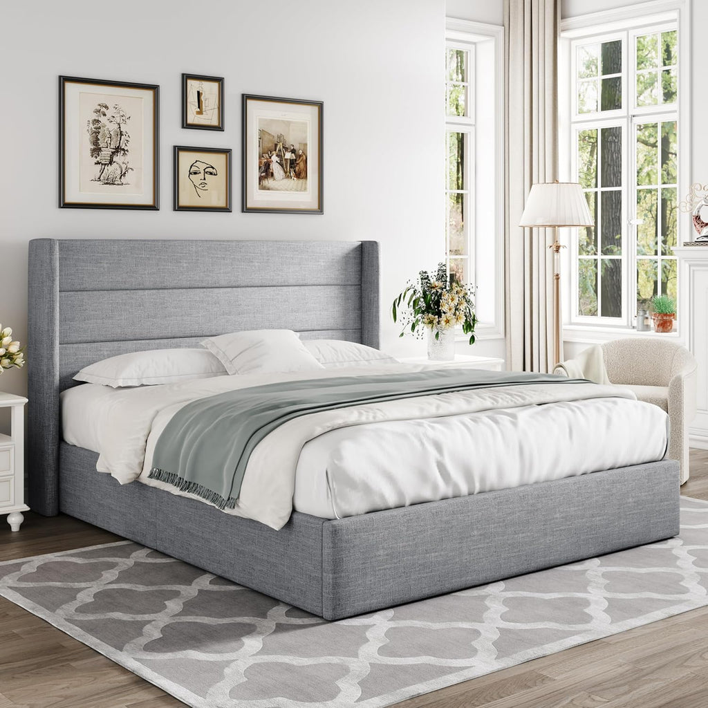 ALLEWIE Queen Size Lift Up Storage Bed with Wingback Headboard