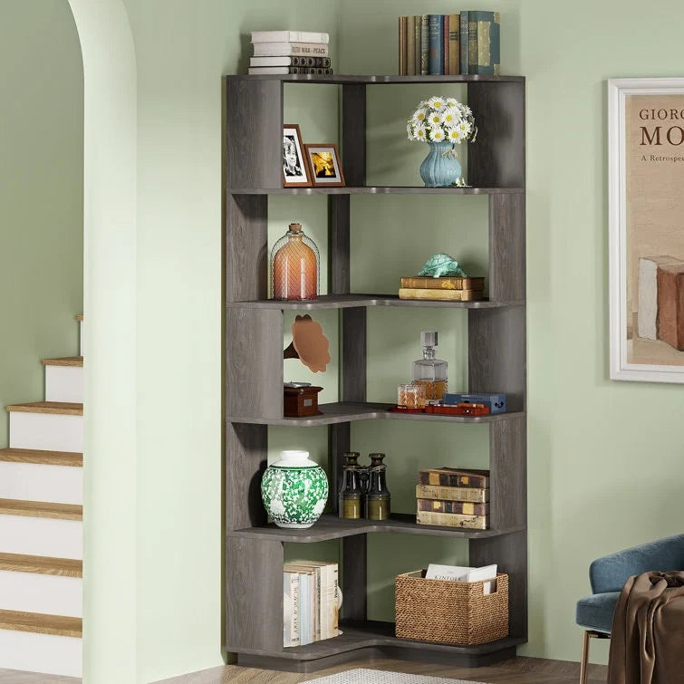6-Tier Corner Book Shelf, 64.9Tall Freestanding Wood Industrial Bookcase Bookshelf