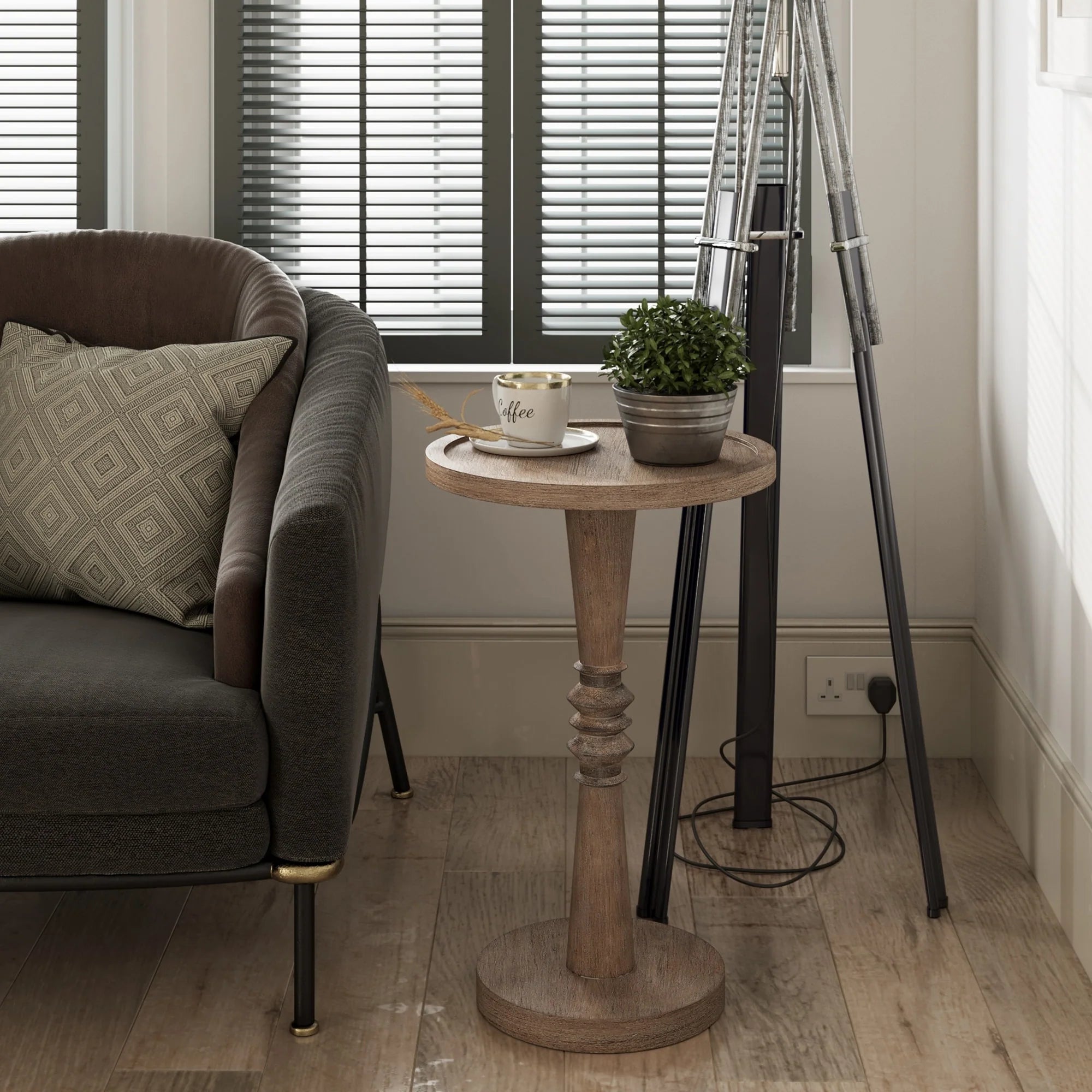 COZAYH Pedestal Small Drinking Table, Farmhouse Tray Top End Table, Distressed Finish, Traditional