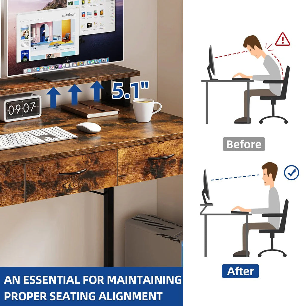 Moasis Small Computer Desk with Fabric Drawers and Monitor Stand