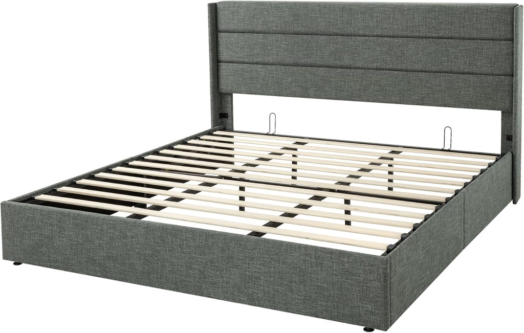ALLEWIE Queen Size Lift Up Storage Bed with Wingback Headboard