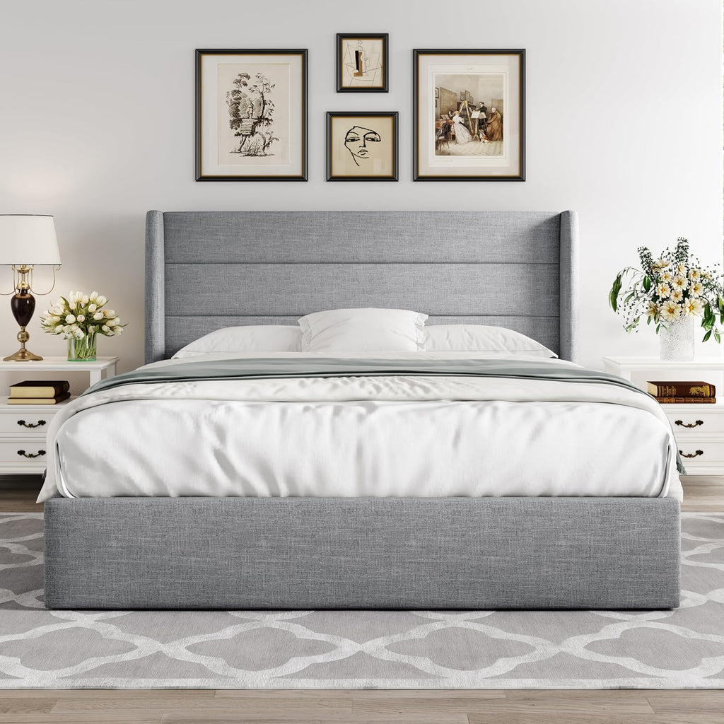 ALLEWIE Queen Size Lift Up Storage Bed with Wingback Headboard