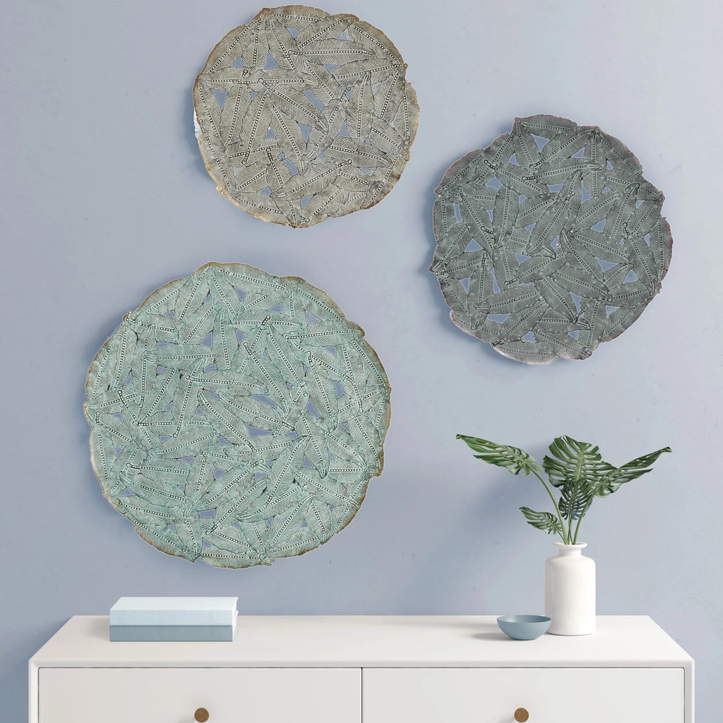 Madison Park Rosalie Textured Feather 3-piece Metal Disc Wall Decor Set