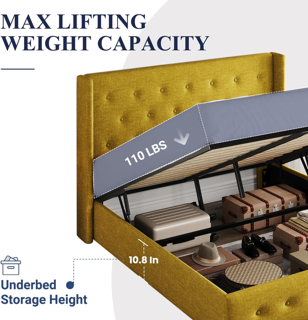 ALLEWIE Queen Size Lift Up Storage Bed with Wingback Headboard